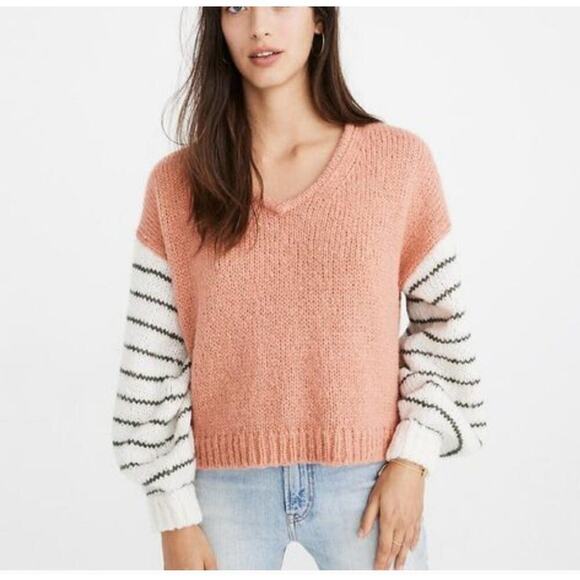 Madewell Womens Sweater Small Alpaca Wool Blend Colorblock Stripe Balloon Sleeve - Picture 1 of 6